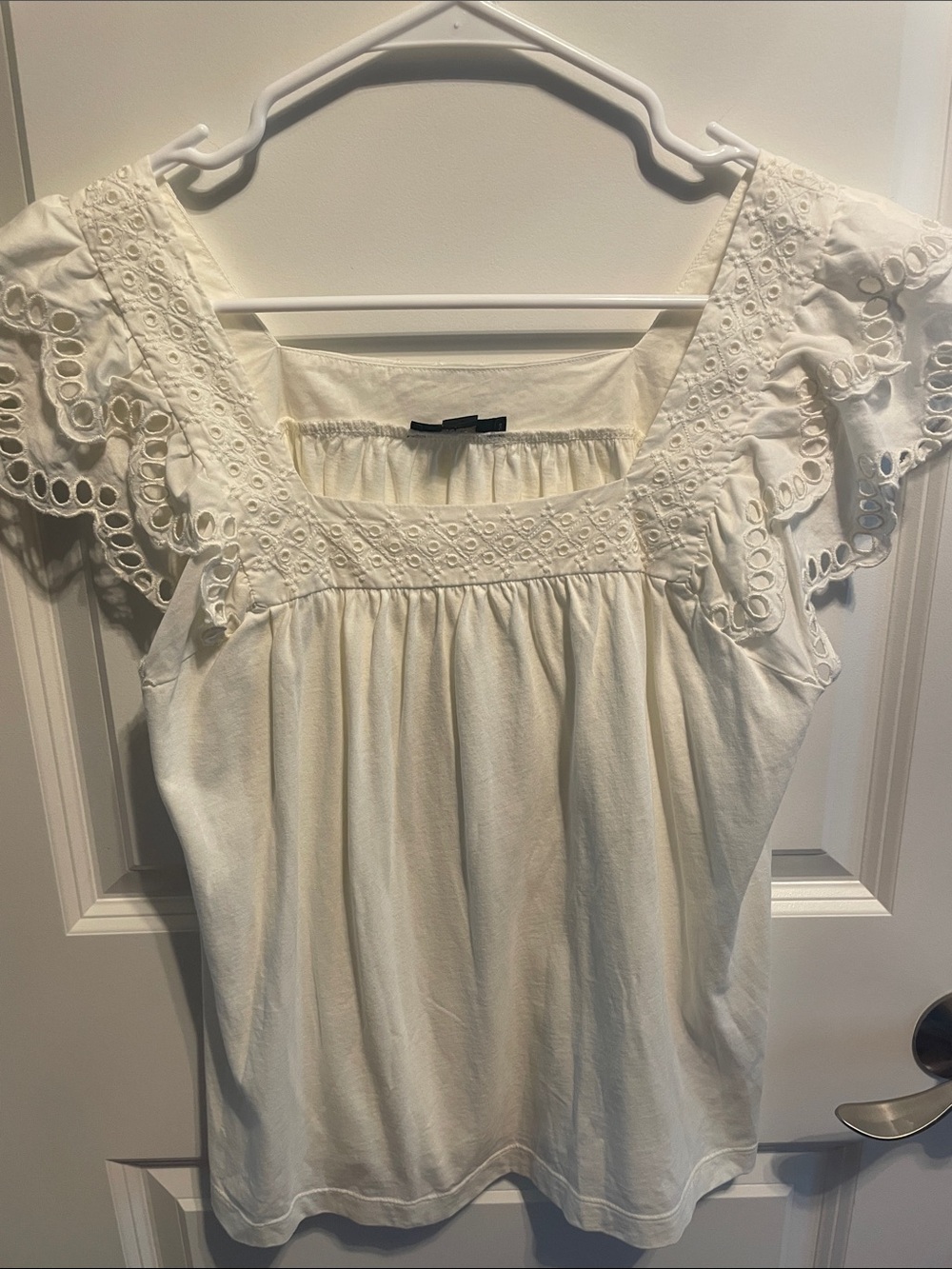 J. Crew Ivory Eyelet Flutter-Sleeve Square-Neck Top